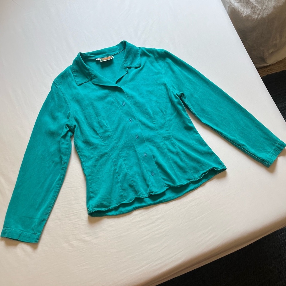 TIANELLO turquoise teal green garment dyed tencel pleated button up shirt blouse